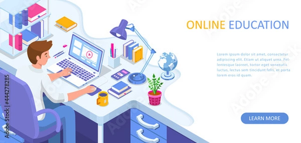 Fototapeta Learning online at home. Student sitting at desk and looking at laptop. E-learning banner. Web courses or tutorials concept. Distance education flat isometric vector illustration.
