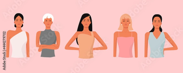 Fototapeta A group of different women in stylish clothing. Variation poses. Flat vector illustrations isolated on pink background for web, app, banner