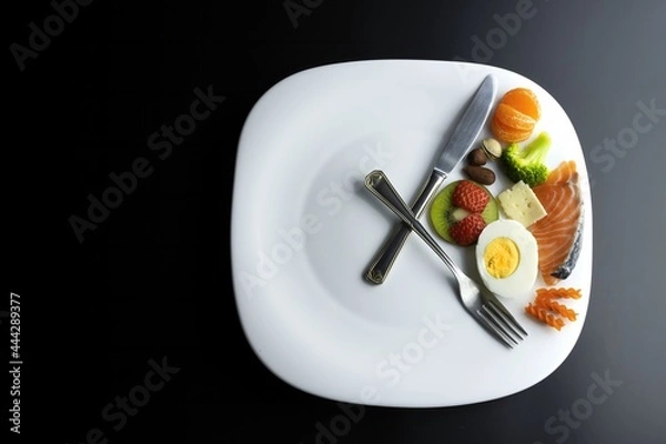 Fototapeta a plate simulating a clock with the hands of a fork and a knife showing food, concept of intermittent fasting
