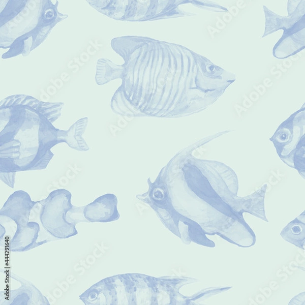 Fototapeta Fish underwater sea ocean corals algae seashells watercolor hand drawn illustration