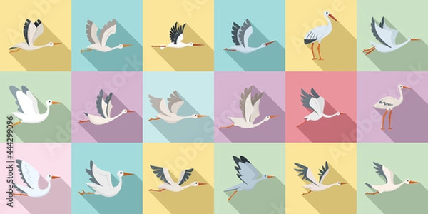 Obraz Stork icons set flat vector. Bird fly