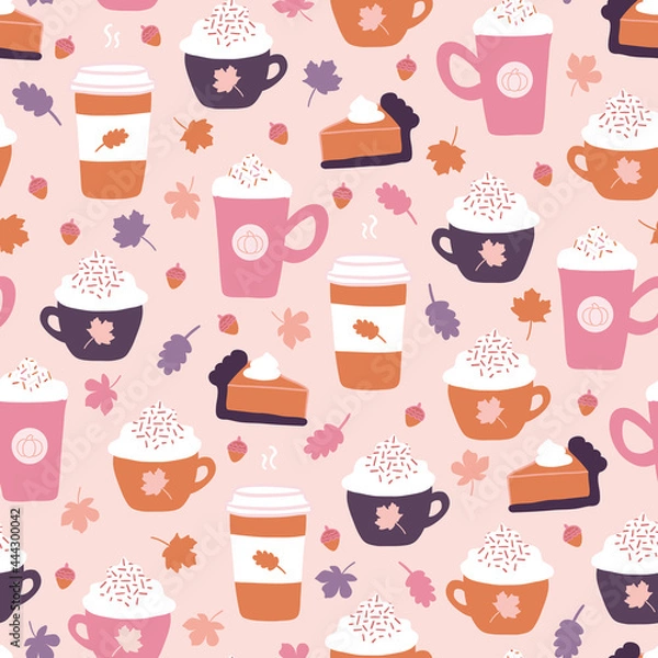 Obraz Autumn Pumpkin Spice Latte and Pumpkin Pie Seamless Pattern Background