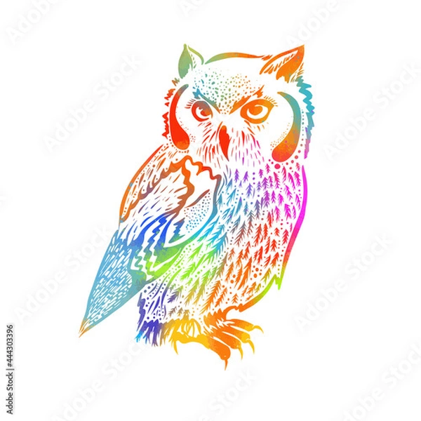 Fototapeta original artwork of owl, ink hand drawing in ethnic style, vector illustration in Multicolored . Mixed media. Vector illustration