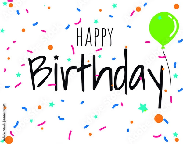 Fototapeta happy birthday in handwritten lettering on white background with colorful confetti. for use in postcards and digital messages.
