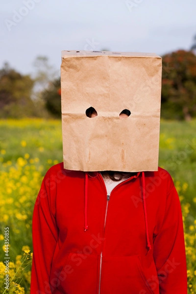 Fototapeta Bag head standing in a field