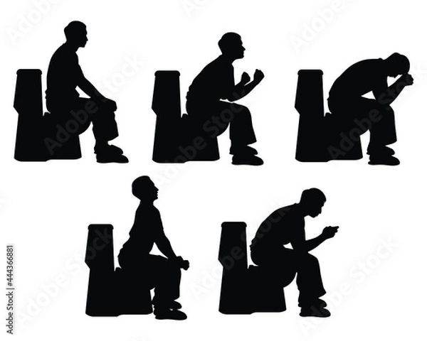 Obraz Set of young man sitting in the toilet bowl silhouette on white background