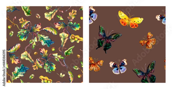 Obraz 2 seamless pattern companions with oak leaves and butterflies. Watercolor autumn artistic patterns for print, textile, wallpaper cover.
