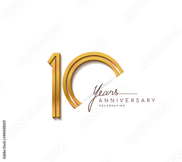 Fototapeta 10th anniversary logo golden colored with linked number isolated on white background, vector design for greeting card and invitation card.