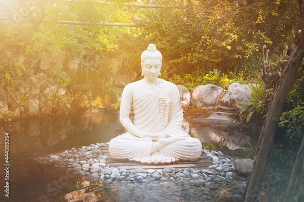 Fototapeta buddha consciousness light. Buddha statue meditating in the nature near the water