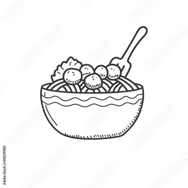 Fototapeta Bowl of noodle and meatball vector illustration with doodle style isolated on white background