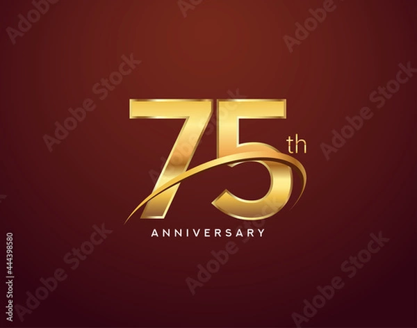 Fototapeta 75th anniversary logotype golden color with swoosh, isolated on elegant background for anniversary celebration event.