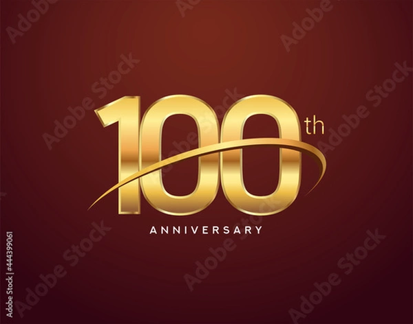 Fototapeta 100th anniversary logotype golden color with swoosh, isolated on elegant background for anniversary celebration event.