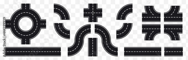 Obraz City street road seamless elements set. Roads parts pieces builder : straight, curved, crossing, roundabout. Create your own road journey map. Isolated vector illustration.
