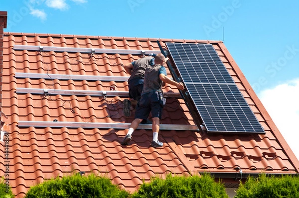 Obraz Installing solar panels on house roof