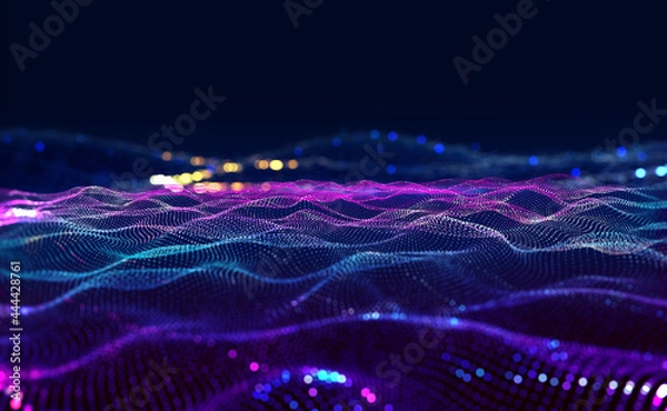 Fototapeta Cyberdata flow. Blockchain data fields. Cyberspace. Digital generation, electronic field, processed data waves, big data analytics. 3D illustration music waves