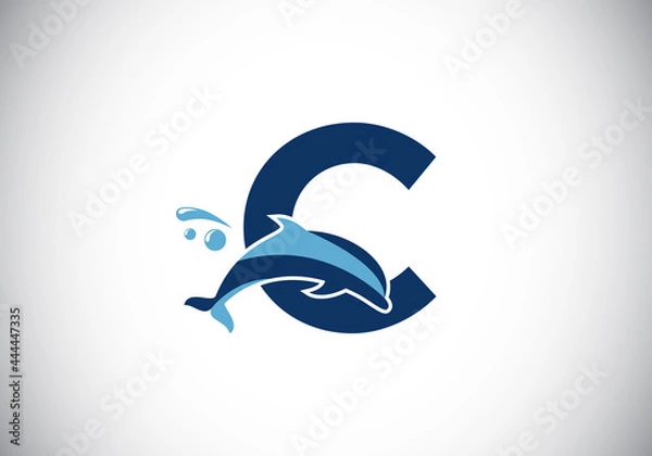 Fototapeta Initial C monogram letter alphabet with a Dolphin logo design. Water Animal icon. Font emblem. Modern vector logotype for business and company identity.