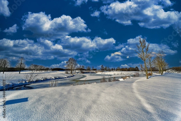 Obraz Winter landscape pond under a cloudy sky 