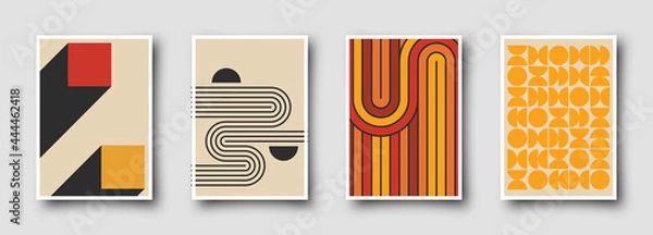Fototapeta Retro 60s-70s graphic design covers. Cool vintage shape compositions. Trendy colorful bauhaus art templates.