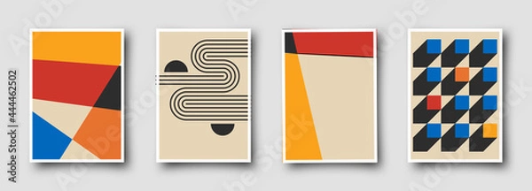 Fototapeta Retro 60s-70s graphic design covers. Cool vintage shape compositions. Trendy colorful bauhaus art templates.