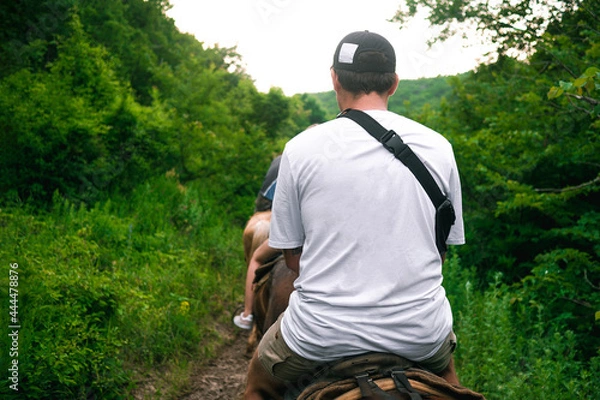 Fototapeta A young guy in a white T-shirt walks on a horse through the woods. A rider on a horse is walking through a large and dense green forest.