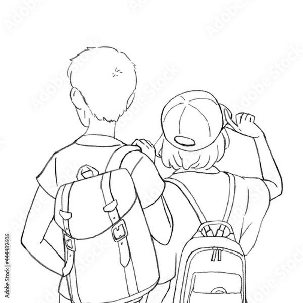 Obraz リュックを背負った男女の後ろ姿のイラスト