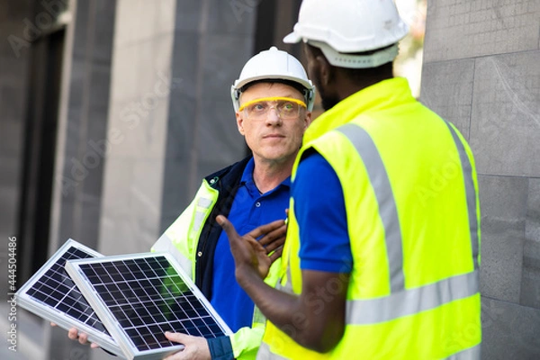 Fototapeta Two engineers African american engineer and caucasian electrician wearing white hard hat walk in new building holding solar panel on hand and Discuss Work