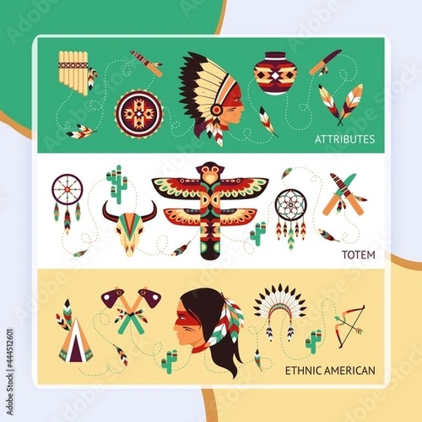 Fototapeta Native american tribes traditional protective ethnic totems and attributes historical concept horizontal banners set abstract vector illustration