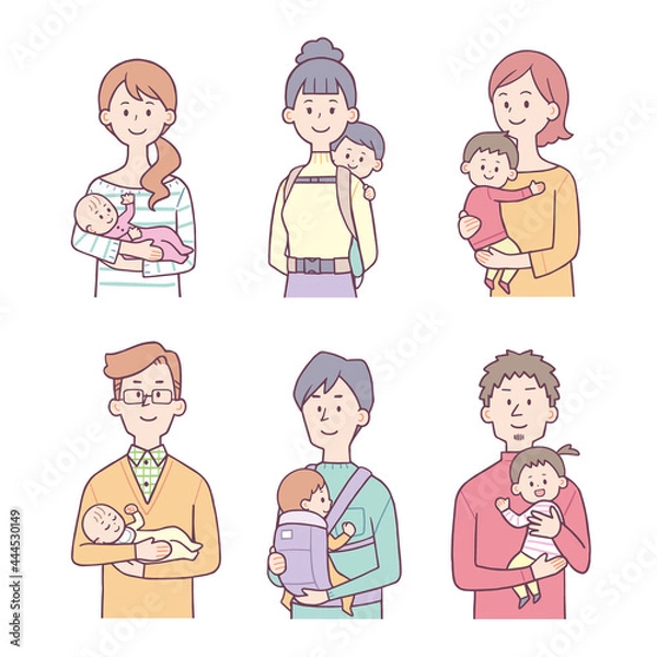 Obraz 赤ちゃんを抱っこ・おんぶする女性と男性　笑顔　セット