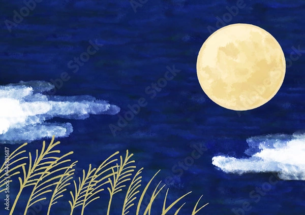 Fototapeta 手書きのお月見イラスト　水彩　十五夜　満月　背景素材