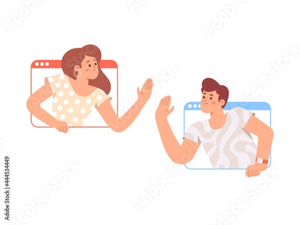 Obraz Friends greeting each other. Online friendship. Greeting waving hands. Vector illustration