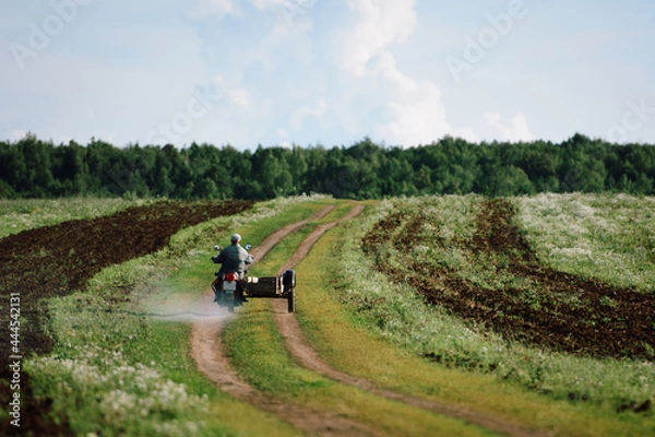 Fototapeta Man on the motorcycle with sidecar (tricycle) from the back view