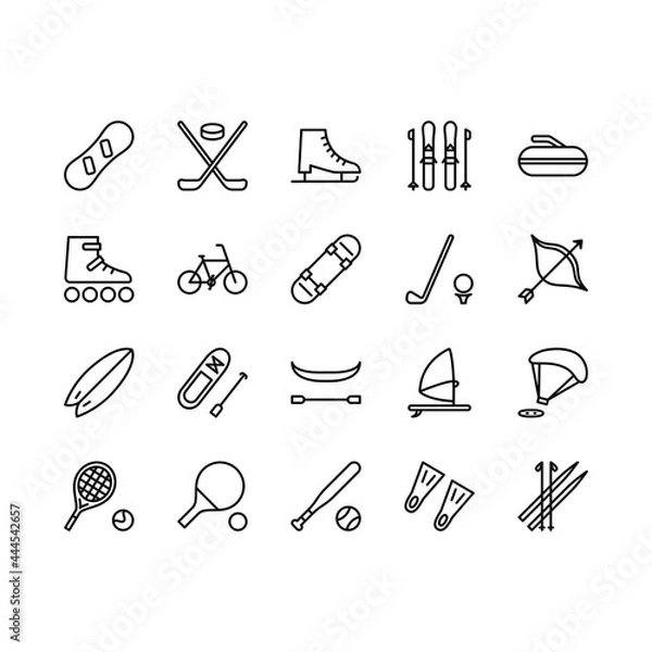 Fototapeta Sport Equipment flat line icons set. Sports Games Equipment and activities. Simple flat vector illustration for store, web site or mobile app