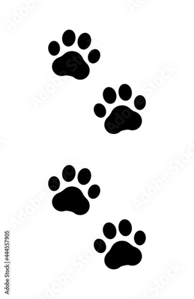 Fototapeta Paw prints. Icon dog puppy and cat. Footprint pet. Foot puppy isolated on white background. Black silhouette paw. Cute shape paw print. Walk pets Design animal track. Trace walks. Vector illustration