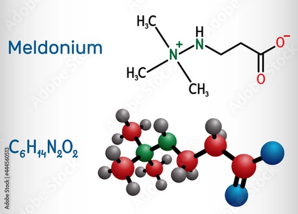 Fototapeta Meldonium molecule. Cardioprotective drug used for treatment of heart failure, myocardial infarction, arrhythmia, atherosclerosis, diabetes. Structural chemical formula, molecule model