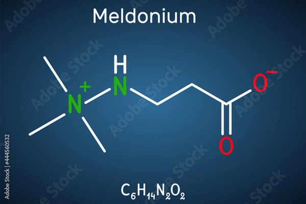 Fototapeta Meldonium molecule. Cardioprotective drug used for treatment of heart failure, myocardial infarction, arrhythmia, atherosclerosis, diabetes. Structural chemical formula on the dark blue background