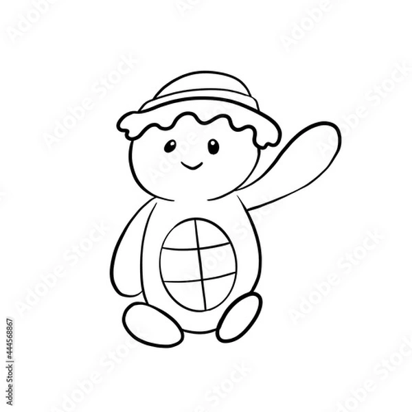 Obraz black and white coloring doodle cute sea turtle with a hat waving his hand isolated on a white background, ocean, sea, animals, cartoon