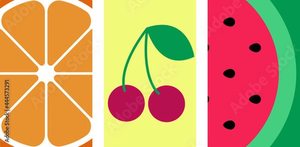 Obraz Set of cool summer banners. Creative bright colorful design with fruits and berries: orange, watermelon, cherry. Templates for web, sale, promotion, greeting card, flyer, flier, brochure