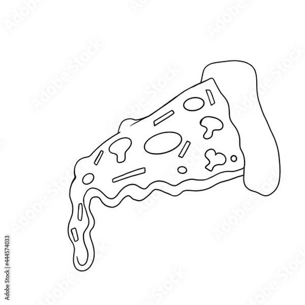 Obraz Czarno -biała kolorystyka doodle kawałek pizzy z grzybami, salami i serem rozprzestrzeniającym się na białym tle, jedzenie, dzieci, kreskówka