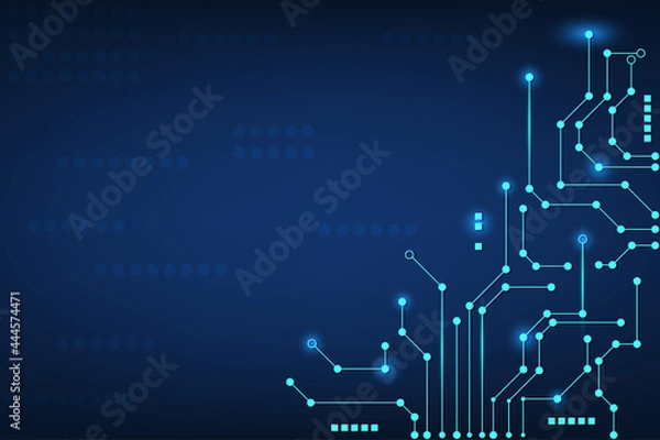 Obraz Blue abstract background of curcuit board surface. Network technology with line and dot connection and cyber space innovation concept. Futuristic and blank space.