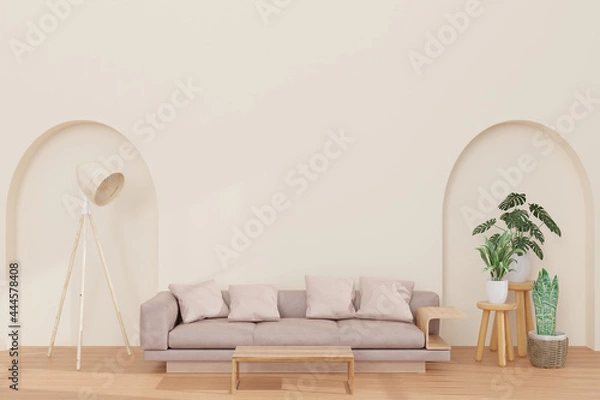 Fototapeta Living room and earth tone wall ,big curve wall, gray , minimal style ,mock up and copy space wall - 3d rendering -