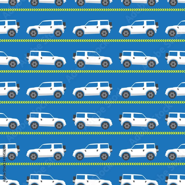 Obraz seamless pattern with white automobiles on a blue background