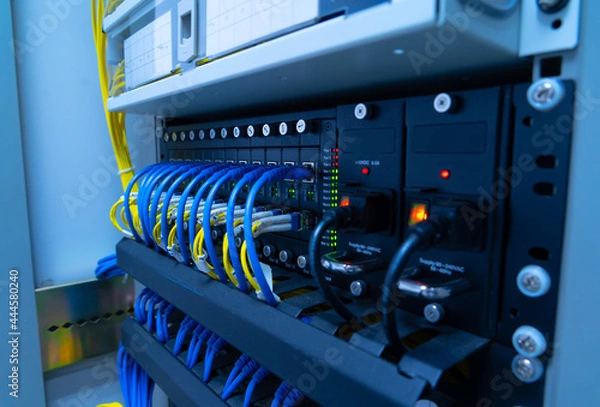 Obraz Full tower swicth hub internet network in server room.
