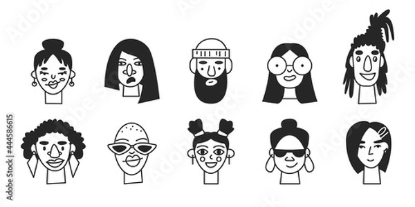Fototapeta Doodle monochrome monoline people portrait isolated. Line male and female user profile avatars. Trendy hand-drawn human icons collection. Happy minimal characters. Vector simple sketch illustration