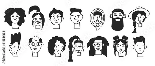 Fototapeta Doodle black minimal human face icons isolated. Line male and female user profile avatars. Trendy hand drawn people portraits collection. Happy diverse characters. Vector simple sketch illustration