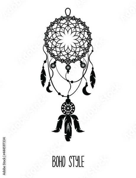 Obraz Dreamcatcher with feathers, isolated, black and white