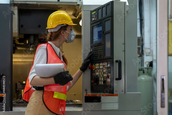 Obraz Portrait of female technician engineer control machines in the factory on a business day. Confident worker wearing particulate respirator mask with hard hat. Concept of Industrial manufacturing.