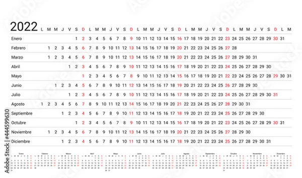 Fototapeta 2022 linear Spanish calendar. Horizontal planner for year. Vector. Yearly calender template. Week starts Monday. Annual schedule grid with 12 months. Simple design illustration. Landscape orientation.