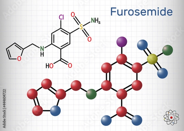 Fototapeta Furosemide, Frusemide molecule. Diuretic drug, is used to treat hypertension and edema. Structural chemical formula and molecule model. Sheet of paper in a cage