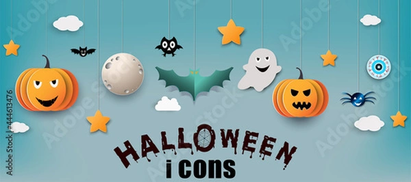 Fototapeta Halloween background.pumpkins with old tomb.They are on tree background.Ghost and flying bats, tomb,scary,decoration.Vector Halloween party decoration and flat style concept.