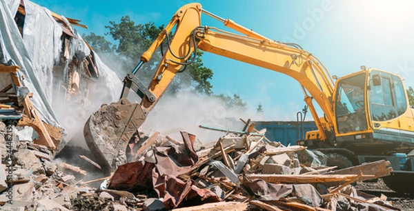 Fototapeta Demolition of building. Excavator breaks old house. Freeing up space for construction of new building.